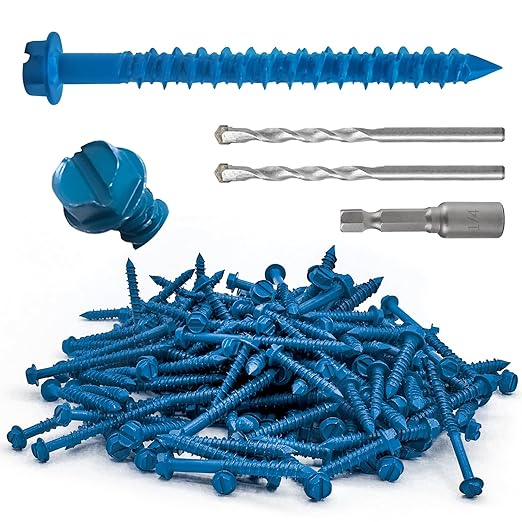 100Pcs 3/16" x2-1/4 Concrete Screws with Drill Bit, Hex Head Concrete Cement Screws Anchor Assortment Kit for Masonry, Block Brick or Stucco