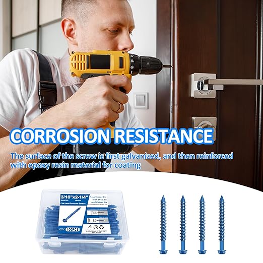 100PCS Concrete Screws Assortment Kit, 3/16" x 2-1/4" Masonry Screws with Drill Bit and Driver Bit, Hex Head Cement Screws and Anchor, Diamond Point, Self Tapping Concrete Brick or Stucco, Blue Coated