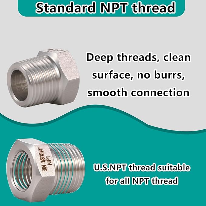 2 Pcs 3/8" Male NPT to 1/4" Female NPT Reducer Hex Bushing，304 Stainless Steel Pipe Fitting Hex Bushing, Heavy Duty Pipe Fitting Reducer Adapter