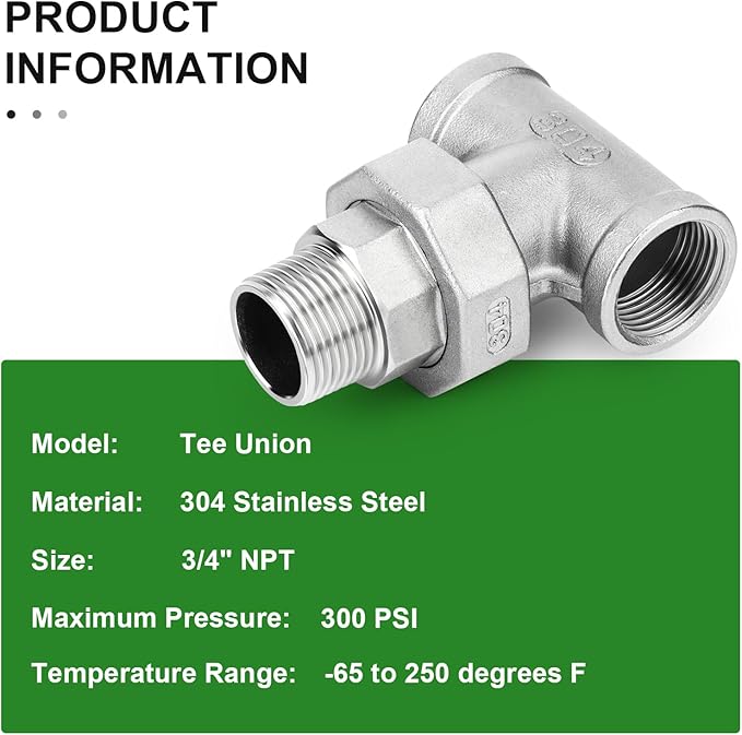 TAISHER 1PCS 304 Stainless Steel 3 Way Tee Union，3/4" NPT Female x 3/4" NPT Male x 3/4" NPT Female Cast Pipe Fitting