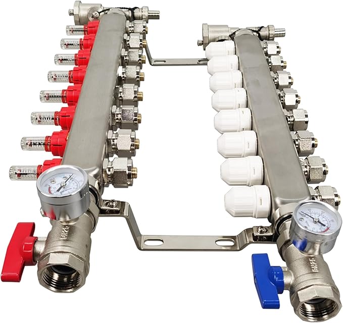 8 Branch PEX Radiant Floor Heating Manifold Set Floor Heating Water Distributor 1/2" Pipe Adapter 304 Stainless Steel and Brass, for Heating Systems