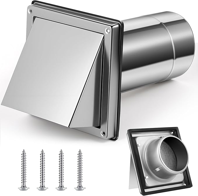 Gisafai 4" Dryer Vent Cover Outside with Stainless Steel Guard Wall Dryer Exhaust Cap and Removable Extended Pipe Vent Shroud Hood Cushioned Non Return Flap with Sealing Gasket Grille(Silver)
