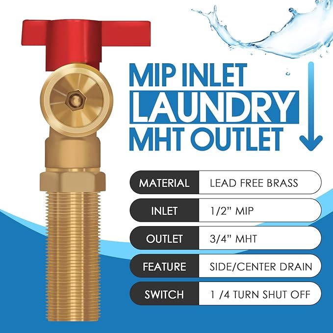 Washing Machine Outlet Box with Stainless Steel Water Hammer Arrestor, 1/2 Inch MIP&Sweat x3/4 Inch MHT with Center Drain, Washer Faucet Recessed Box, Laundry Washer Valve Outlet Box