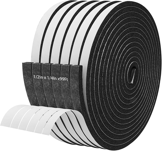 Storystore Foam Insulation Tape Self Adhesive, 1/2In x 1/4In x99Ft Weather Stripping for Doors and Windows, Sound Proof Soundproofing Door Seal, Weatherstrip, Air Conditioning Seal Strip