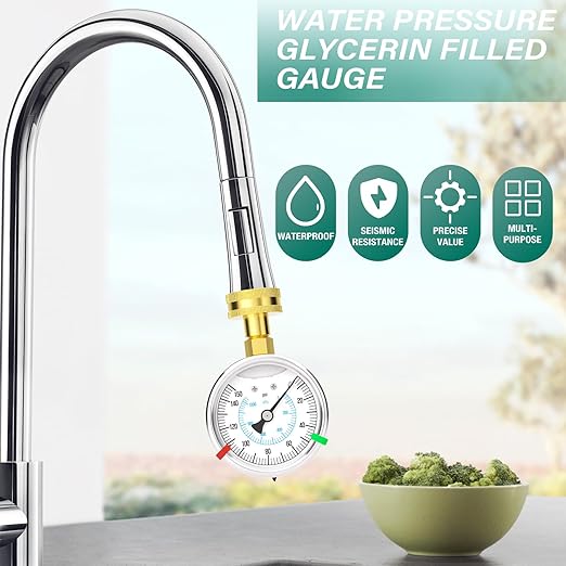 0-150PSI Stainless Steel Water Pressure Glycerin Filled Gauge, 2.5" Dial Size, 3/4" Brass Female Lower Mount, with Sealing Ring, Home Water Pressure Tester (with Range Mark Pointer)