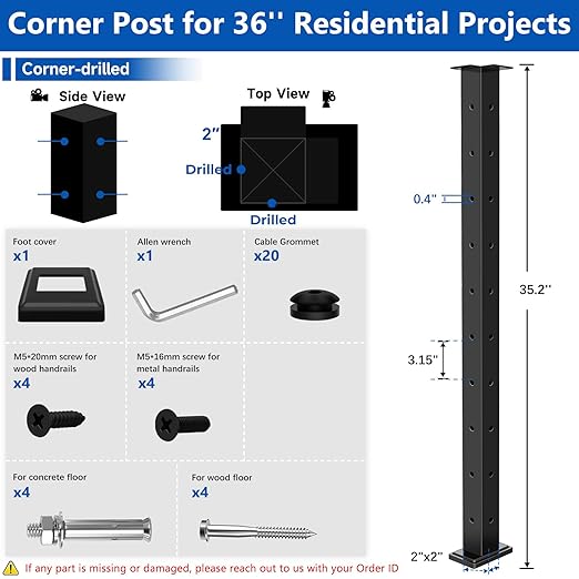 Upgraded Swageless L-drilled Corner Cable Railing Post 36" (Post 35"x2"x2"), Heavy-Duty 90° Drilled One Post Corner Solution with Cable Grommets, T304 Stainless Steel, Outdoor Finish for Decks