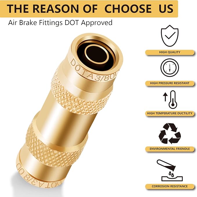 Air Brake Line Fittings,3/8" DOT Air Fittings Brass Push in Fitting, Push to Connect Union Fittings, Air Brake Union 3/8" Tube OD for Trucks Trailers Use and Industria Workshops (4 PCS)