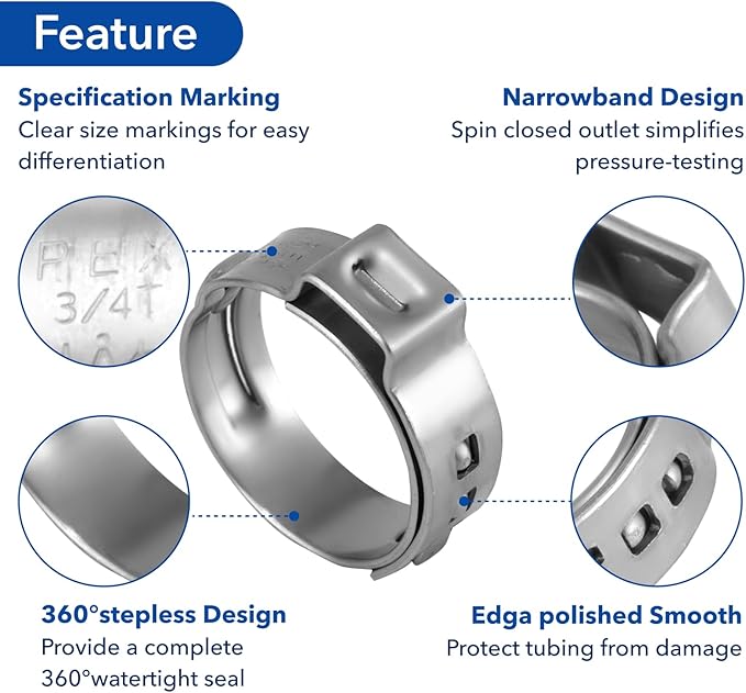 3/4 Inch PEX Cinch Clamps Rings, Premium 304 Stainless Steel Cinch Crimp Rings Pinch Clamps, for PEX Tubing Pipe Fitting Connections (100PCS Per Size)