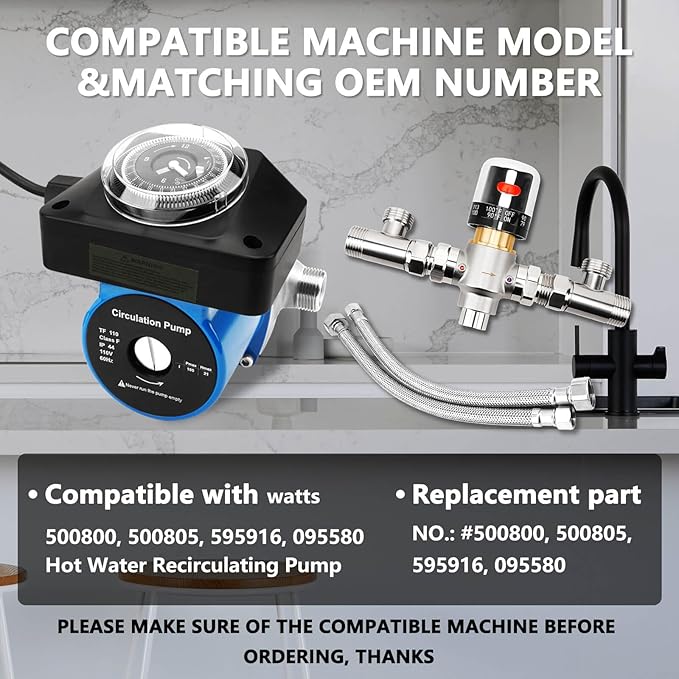 RAMATA Instant Hot Water Recirculating Pump System Kit For Tank Water Heater Recirculation Circulation Circulating Water Pump with Adjustable Hot Water Recirculating Valve Kit (Not Tankless)