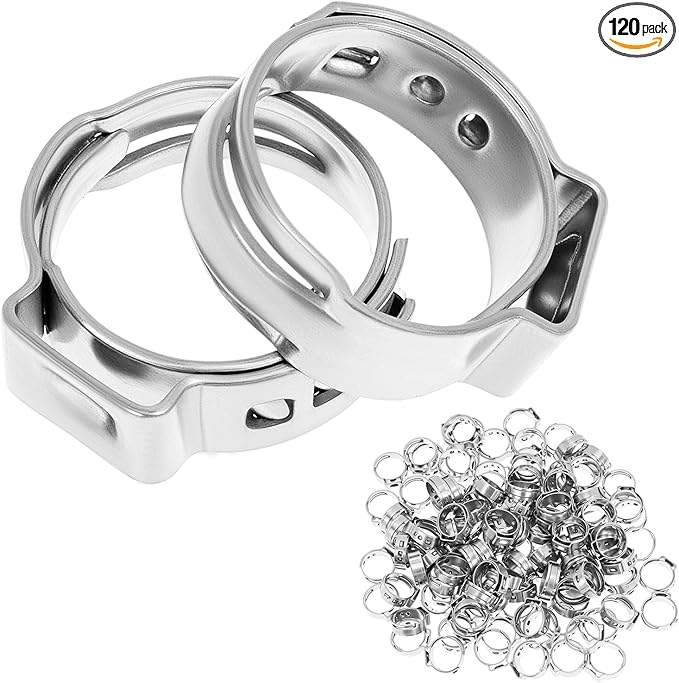 QWORK 1/2" PEX Cinch Clamps Rings, 120 Pcs 304 Stainless Steel Ear Hose Clamps for 1/2 Inch PEX Pipe, Pinch Clamps, Liquid & Air-Tight Seal, Ideal for Hoses & Fuel Lines