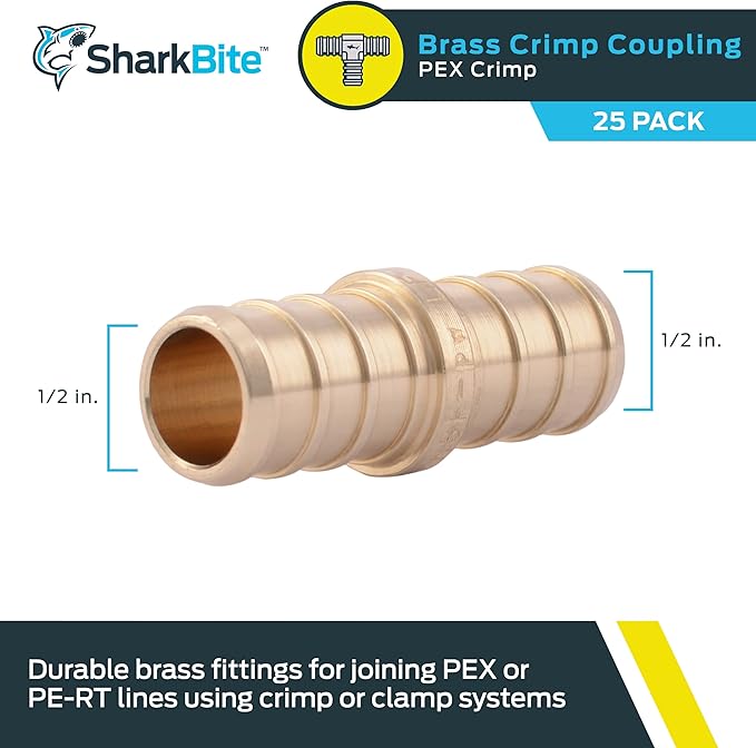 SharkBite 1/2 Inch Crimp Coupling, Pack of 25, Brass Plumbing Fitting, PEX Pipe, PE-RT, UC008LF