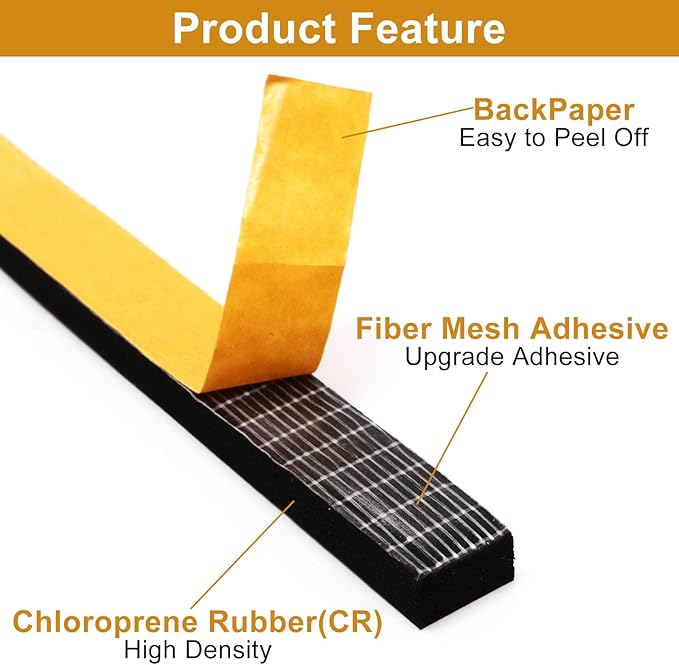Weather Stripping Door Seal Strip, Strong Adhesive, Cold Insulation, Weatherproof, High Density Foam Insulation Tape for Doors, Windows, Sliding Door, Black (1/2 in x 3/8 in x 13 Ft)