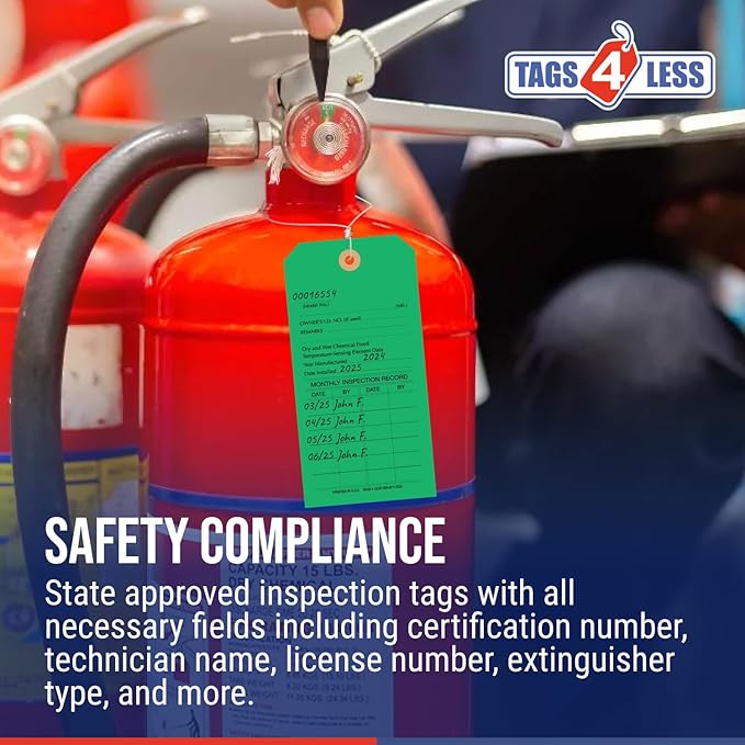 Tags 4 Less Custom Fire Extinguisher Tags – Preventative Maintenance Labels for Monthly Inspections, Alternative to Safety Sticker for Easy Record-Keeping – Pack of 100 (Dark Green, Cardboard)
