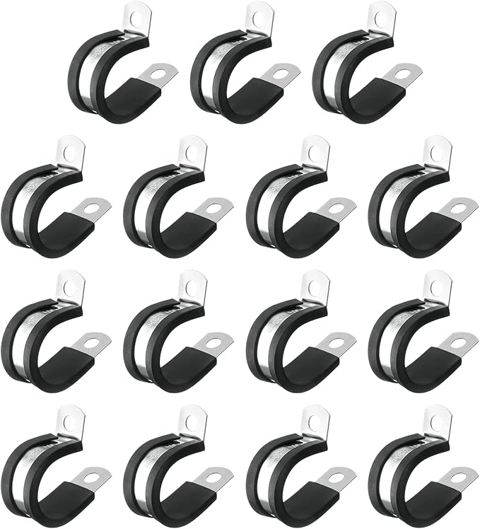 uxcell 3/4"(20mm) Cable Clamp, 304 Stainless Steel Rubber Cushioned Insulated R Shape Metal Clamp Tube Holder for Pipe Hose Wire Cord Installation 15Pcs