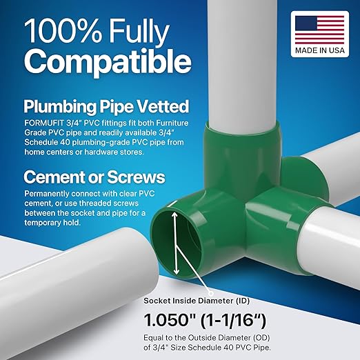 FORMUFIT 3/4” 4-Way Tee Furniture Grade PVC Fitting in Green, Made in USA, UV-Resistant, Impact-Proof, 1.050” Actual Socket Diameter (Pack of 8) - F0344WT-GR-8