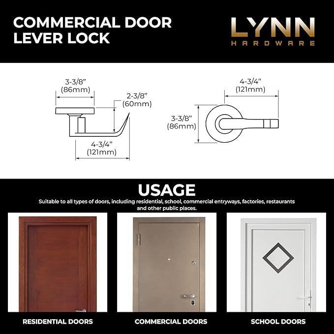 LYNN HARDWARE Commercial Door Lever Lock - Heavy-Duty Locking Door Handle, Designer Door Handles, Cylindrical Lever Lock, Non-Handed Grade 2 Door Handle, Satin Chrome, Storeroom Function