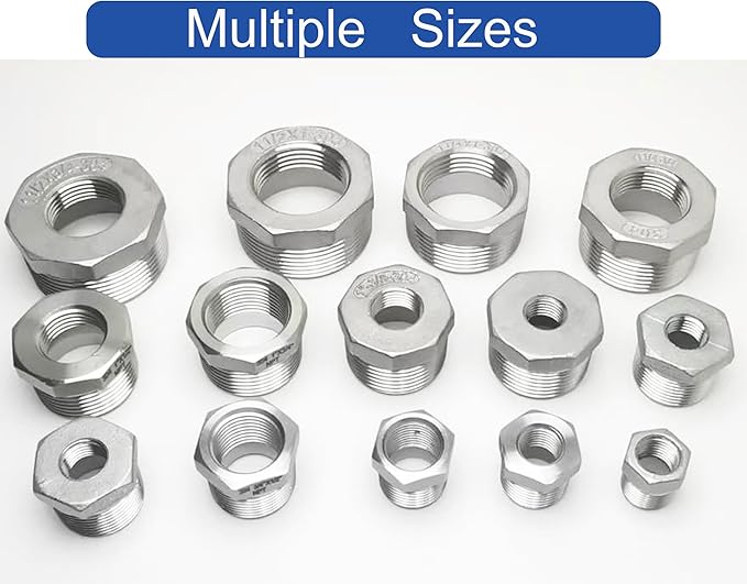 3/4" Male to 1/4" Female NPT Threaded Reducer Hex Bushing 304 Stainless Steel Reducing Adapter Pipe Fitting With Teflon Plumbers Tape(Pack of 2)