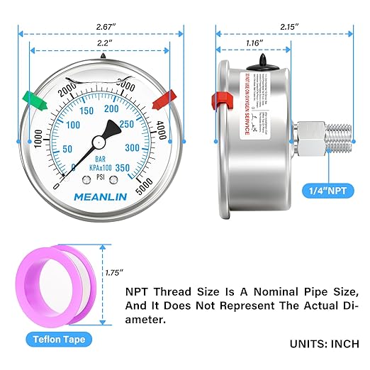 MEANLIN MEASURE 0~5000Psi Liquid Filled Pressure Gauge Stainless Steel 2.5" FACE DIAL 1/4" NPT 316 Stainless Steel Joint for WOG Water Oil Air Back Mount, with 2PCS Snaps