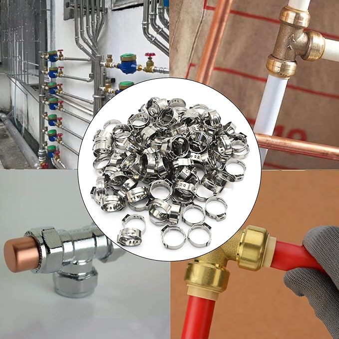 EATAKWARD 3/4 Inch PEX Cinch Clamps Rings, 100 Pack Single Ear Hose Clamps, 304 Stainless Steel Clamps Pinch Ring for PEX Tubing Fittings Connection