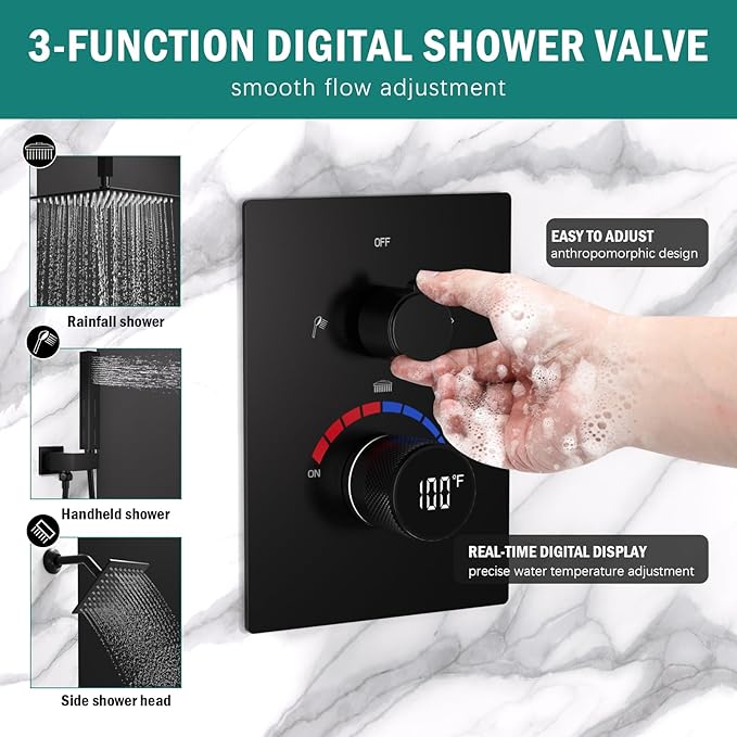 3 Way Shower Mixer Valve Temperature Display with Trim Kit, Digital Shower Diverter Mixing Brass Valve Body for Shower Faucets, Black