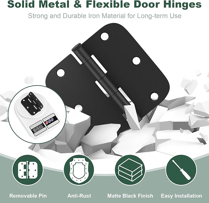 Estmoon 42 Pack Matte Black Door Hinges 3.5 x 3.5 Inch, 5/8" Radius Rounded Interior Hinges for Standard Doors, 6 Holes