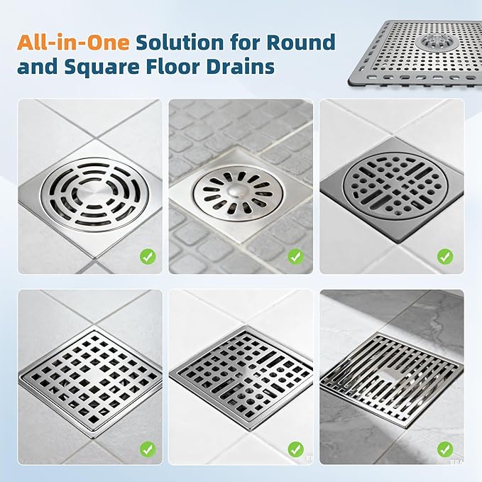 Hibbent 2 Pack Upgraded Shower Drain Hair Catcher, Shower Drain Cover for Bathroom Floor 6" Drain, Anti-Clogging Bathtub Drain Strainer, Stainless Steel Kitchen Sink Drain Strainer with Handle, Grey