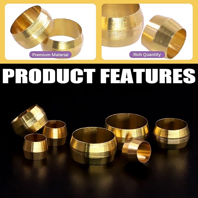 Swpeet 105 Pcs Tube OD 1/4'' 3/8'' 1/2'' Brass Compression Sleeves Ferrules, 3 Sizes Brass Compression Fitting Ferrules Assortment Kit Metal Hardware Tightly Good Sealing