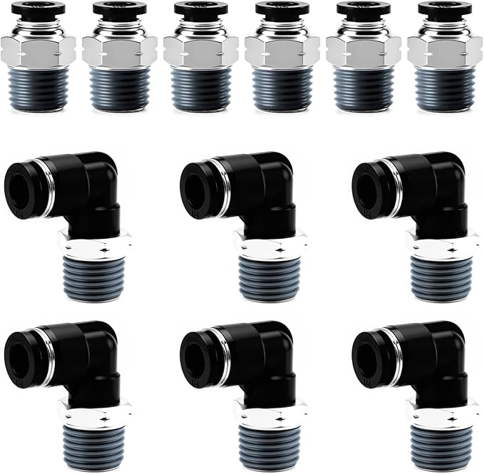 Pneumatic 1/4 Push to Connect Fittings Male Thread Elbow and Straight Combination Air Line Quick Connect Fittings 1/4"OD x 1/4"NPT Quick Connect Air Hose Fittings (Pack of 12)