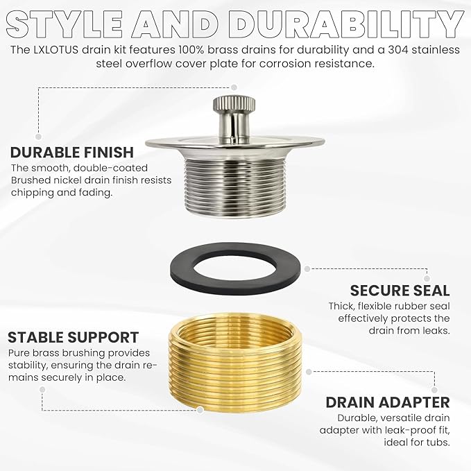 Brushed Nickel Bathtub Drain Kit - Lift and Turn - Universal Fit 1-3/8" and 1-1/2" Tub Drain Replacement Kit