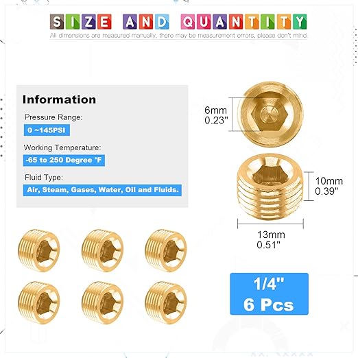 Glarks 6Pcs Brass 1/4'' NPT Male Pipe Plug Fitting Set Internal Hex Thread Socket Pipe Plug Assortment Kit