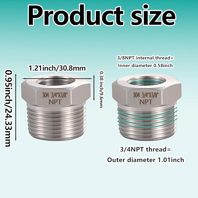 2 Pcs 3/4" Male NPT to 3/8" Female NPT Reducer Hex Bushing，304 Stainless Steel Pipe Fitting Hex Bushing, Heavy Duty Pipe Fitting Reducer Adapter