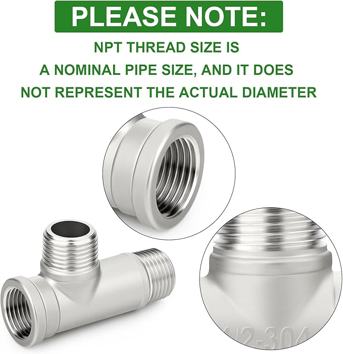 TAISHER 5PCS 304 Stainless Steel Tee Pipe Fittings, 1/2" NPT Female x 1/2" NPT Male x 1/2" NPT Male Extension Pipe Fittings, Female Run Tee