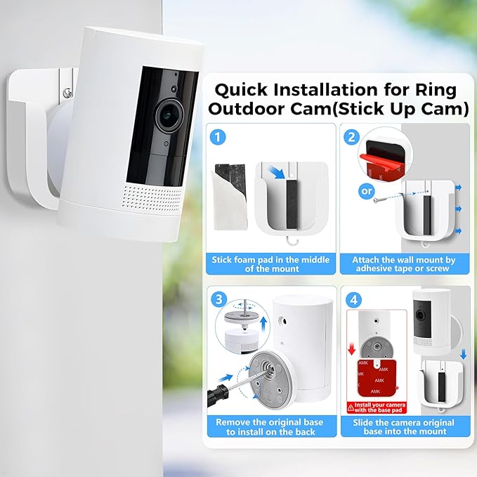 No Drill Wall Mount for Ring Outdoor Cam Plus, Adhesive Indoor Camera Mount with Strong Tape and Screws, Two Ways Easy Installation, 2Pack(White)