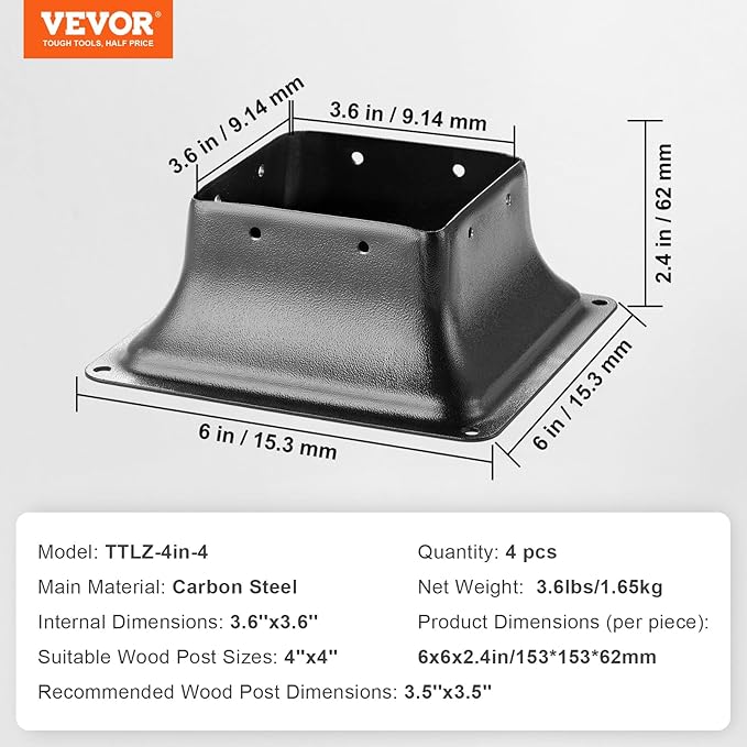 VEVOR 4x4 Post Base 4Pcs, Internal 3.6"x3.6" Heavy Duty Powder-Coated Steel Post Bracket Fit for Standard Wood Post Anchor, Decking Post Base for Deck Porch Handrail Railing Support