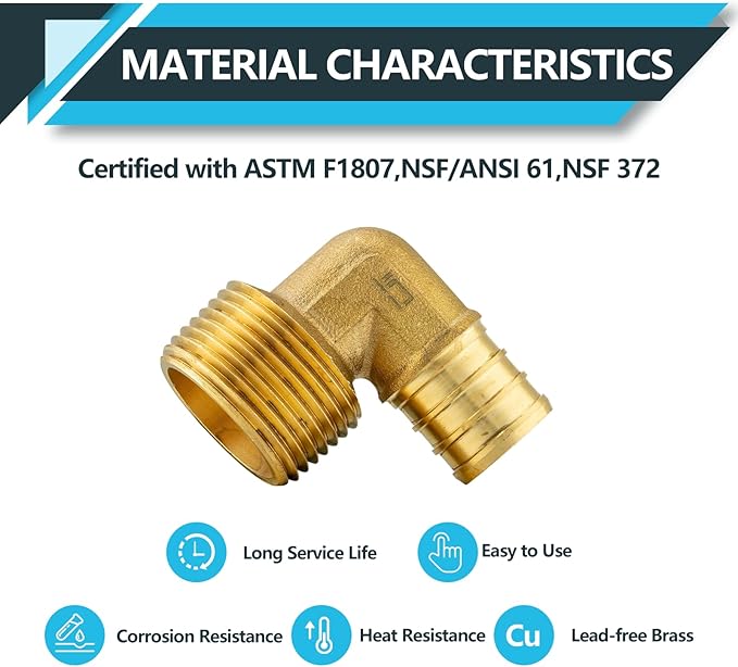 (100-Pack) PEX Fittings, Pex 3/4" x 1/2" Male Threaded NPT Elbow Adapter, Brass Crimp Fittings, for PEX Tubing Pipe Plumbing, ASTM F1807(PEX1807101-100Pack)