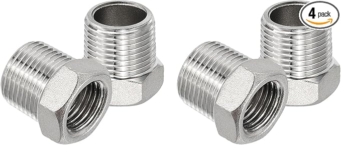 PATIKIL 304 Stainless Steel Reducer Hex Bushing 4 Pcs, 3/8" BSPT Male to 1/4" BSPT Female Pipe Reducing Adapter Fitting Connector for Water Gas Hydraulic Pipes Shower Hose, Silver