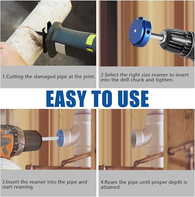 XJX 6-Piece PVC Pipe Reamer Kit, 3/4”, 1”, 1-1/2”, 2”, 3”, 4” Head PVC Fitting Socket Saver with PPR75, PPR100, PPR150, PPR200, PPR300 and PPR400 fit into standard 1/2" drills