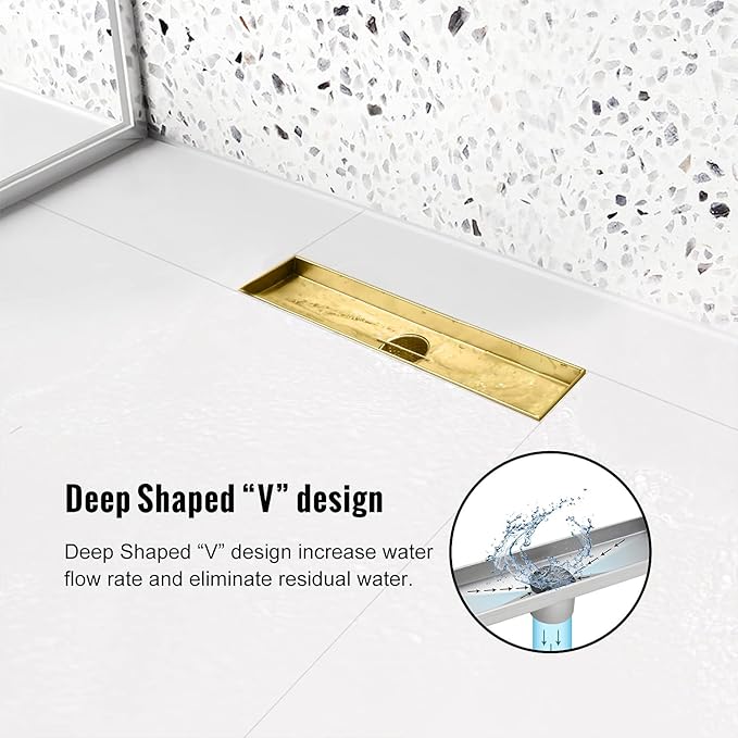 Linear Shower Drain, 12 inch Gold Drain with Removable Grate Cover, Brushed 304 Stainless Steel Shower Floor Drain, Linear Drain with Hair Strainer and Adjustable Feet