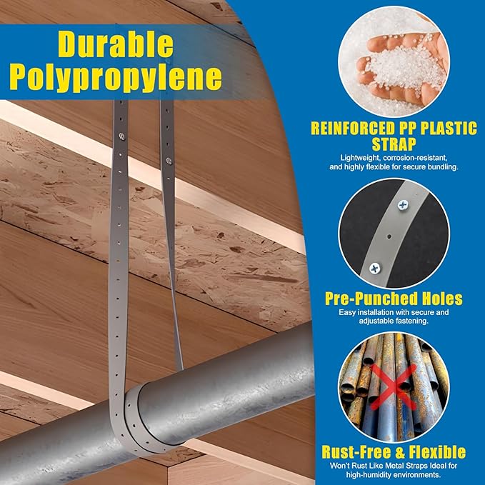 Plastic Hanger Strap 3/4 Inch x 100 Feet Reinforced Flexible Hanger Strap for Pipe & Ducts Securing in Plumbing & HVAC, Gray