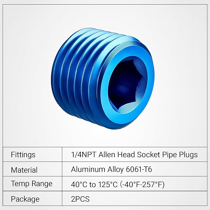 EVIL ENERGY 1/4" NPT Plugs Aluminum Socket Allen Head Blue, Pack of 2