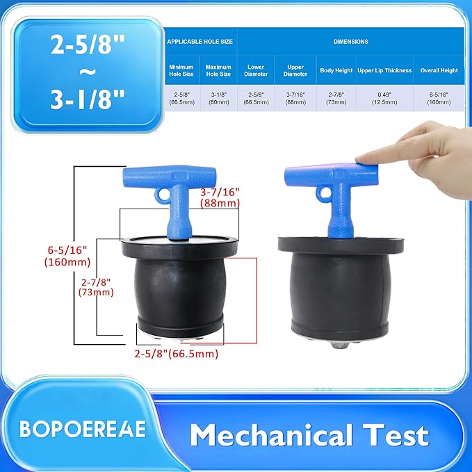Mechanical Test, Seal, Cleanout Pipe Plug, 2-5/8 to 3-1/8 in Expandable Rubber Plug Sewer Cleanout Cap Cover for DWV Testing, SSteel Boat Handle Drain Plug with Galvanized Screw and Nut