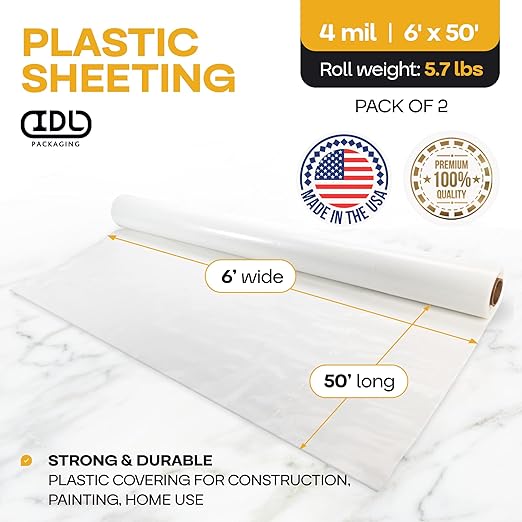 Plastic Sheeting 4 mil, 6' x 50' (300 sq.ft.), Pack of 2 - Thick Semi-Clear Plastic Sheeting for Construction, Painting, Drop Cloth, Slide&Slip - Heavy Duty LDPE Film Roll by IDL Packaging