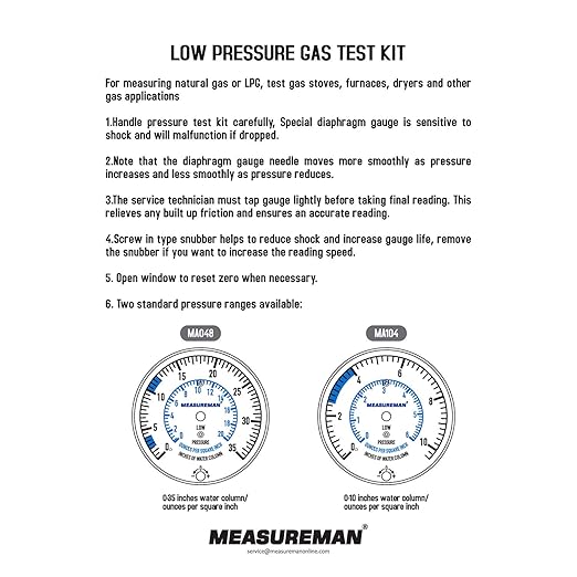 MEASUREMAN Natural Gas or LP Gas Manifold Pressure Test Kit, 0-35 "W.C., 1/4" NPT, 40" Length Hose
