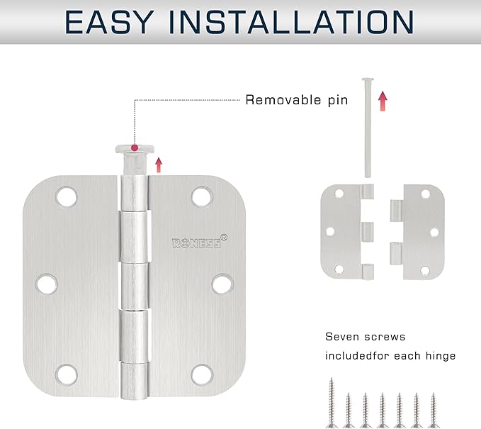 24 Pack Brushed Nickel Door Hinges 3.5 Inch, 5/8" Radius Rounded, Standard Residential for Doors 3 ½",Sturdy Hinges, Interior Hinges
