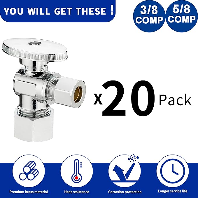 (20 Pack) Lidertik 5/8 inch Compression (for 1/2 inch Normal Pipe) Angle Stop Valve 1/2 inch x 3/8 inch Compression for Water Toilet Bathroom Sink Brass Plated Chrome 1/4 Turn Valve JF-COMP-A(20 PCS)