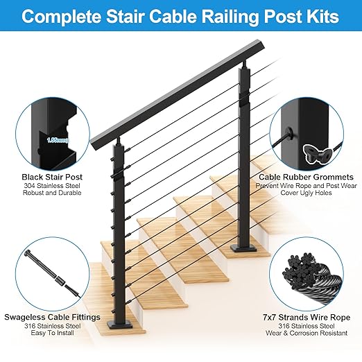 36" Stair Railing Post Kits(Post 35"x2"x2"), Adjustable Top Stair Cable Post System Includes 4Pack Stair Posts, 250FT Wire Rope, Black Swageless Cable Railing System Kit(No Handrail), RG32