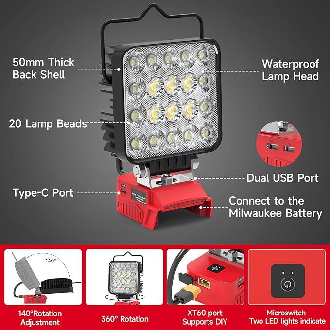 New Upgrade Azocek LED Work Light Compatible with Mil-wau-kee 18V Battery, 60W 6000LM Flashlight, 18V Battery Cordless Work Light with Low Voltage Protection & Dual USB & Type-C Charging Port (60W)