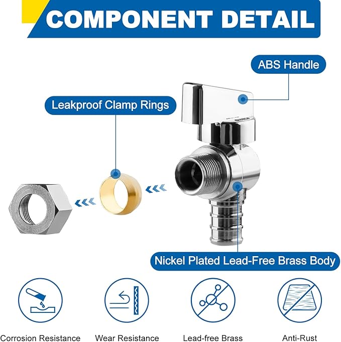 1/4 Turn Angle Stop Valve, 1/2" Crimp Pex F1807 X 3/8" OD Compression For Toilets And Faucets (Pack of 6)