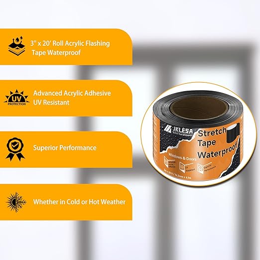 Stretch Tape for Windows & Doors, 3" x 20' Roll UV Resistant Flashing Tape Waterproof, Self-Adhesive Flashing Tape for Windows, Weather Window Tape with Advanced Acrylic Adhesive, Black (2, 3" x 20')