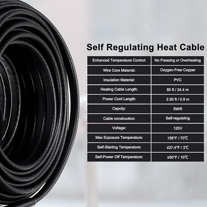 MECCANIXITY 80FT Self-Regulating Water Pipe Heat Tape,5W/Ft 120V Electric Plugs 3 Prong Heating Trace Cable for Metal and Plastic Pipe Freeze Protection Keeps Water Flowing